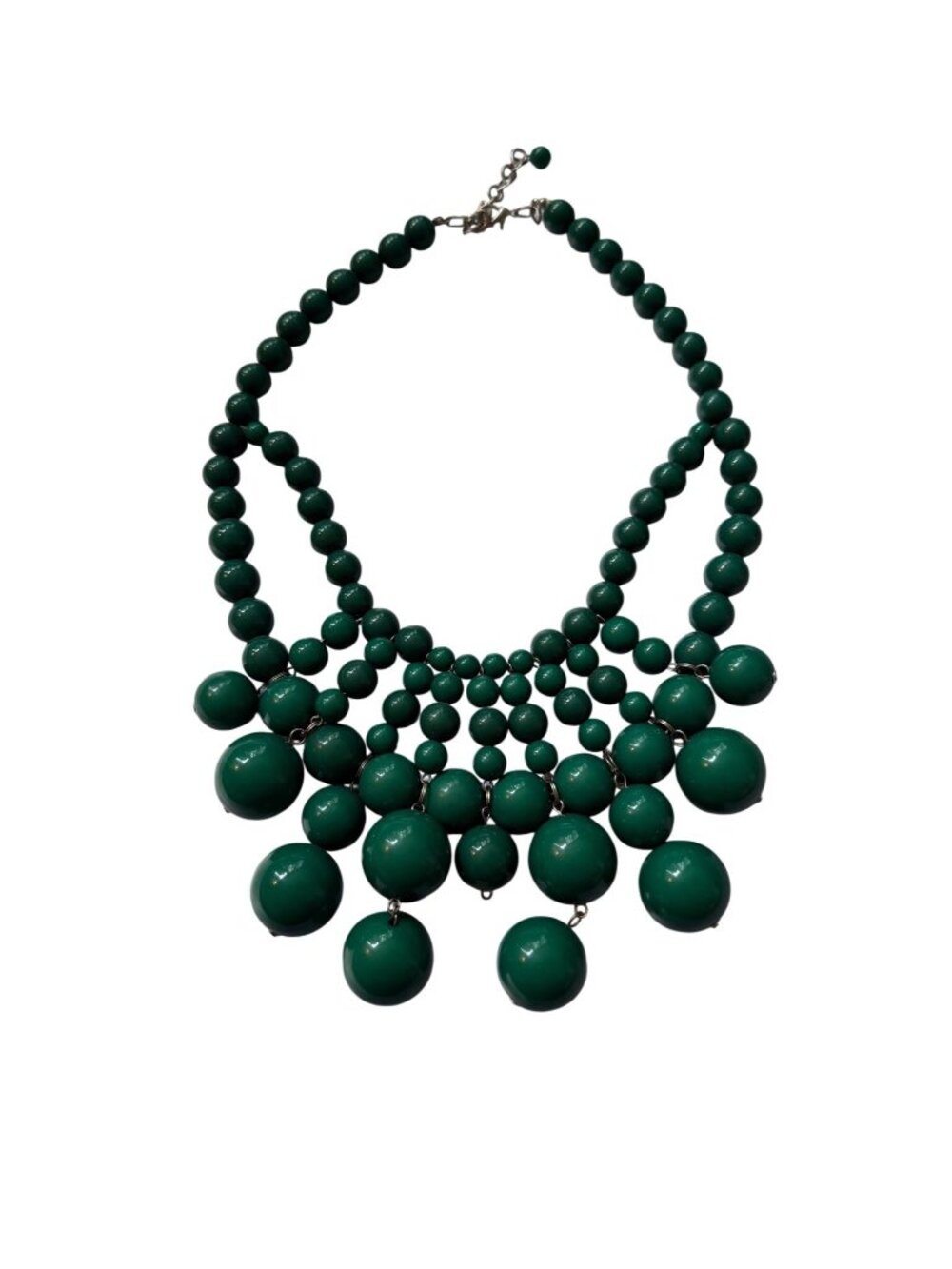 Green Beaded Statement Necklace With Adjustable Chain And Dangling Sphere Accent